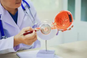 A doctor is pointing at a model of the eye with a pen in her hand