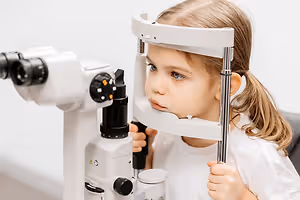 A young girl wearing a white shirt is looking through a white and black ophthalmoscope machine