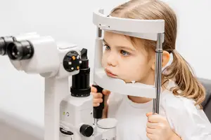 A young girl wearing a white shirt is looking through a white and black ophthalmoscope machine