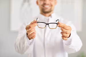 A man wearing a white coat is holding a pair of glasses in his hands