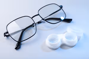 Black framed glasses with lenses and two lens cases with lids on a white surface