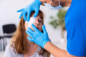 A doctor is checking a woman's eye injury with a bandage
