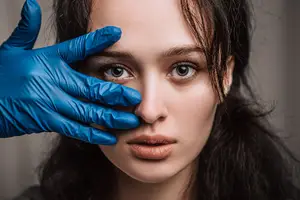 woman getting her nose pierced with blue gloves on