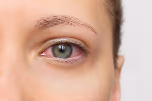A close-up of a woman's eye with a pinkish-red iris and a slightly blurry eyebrow
