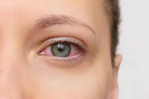 A close-up of a woman's eye with a pinkish-red iris and a slightly blurry eyebrow