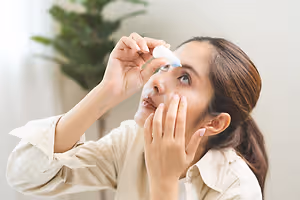 A woman is administering eye drops into her eye while holding a bottle in her hand