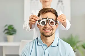 A smiling man getting his eyes examined by a woman doctor using a trial frame.