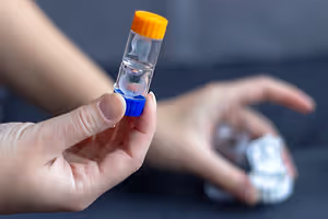 A hand holding a small transparent glass bottle with an orange cap on a black surface with a blurred hand on the right