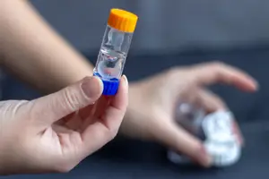 A hand holding a small transparent glass bottle with an orange cap on a black surface with a blurred hand on the right