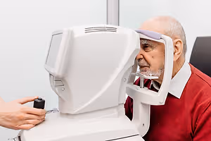 An elderly man is having his eye tested by a medical professional