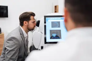 A man is having his eye examined by a doctor using a machine.