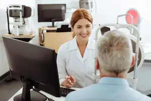 An elderly man is getting a checkup from a smiling woman doctor in an optical clinic.