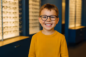 A young boy with glasses smiling in an optometrist's office.
