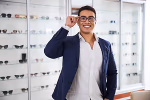 A man adjusting glasses while smiling in front of a glass display case with sunglasses