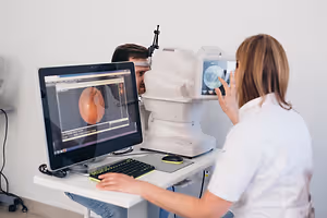 A person is sitting on a chair while looking at a monitor in front of them. A woman is looking at the monitor and seems to be checking the patient's eye.