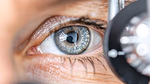 A close up of a human eye being examined by an optometrist with an ophthalmoscope