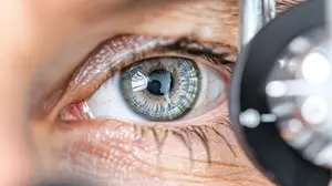 A close up of a human eye being examined by an optometrist with an ophthalmoscope