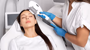 A woman is having her face treated with a laser in a beauty salon.