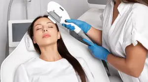 A woman is having her face treated with a laser in a beauty salon.