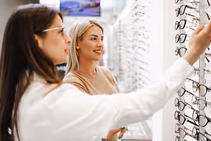 Two women standing in front of a wall with glasses on display. One woman is holding a pair of glasses and looking at the other woman, who is smiling and looking at the glasses on the wall.