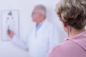 A person is probably a doctor, who is looking at the eye chart in front of him and another person, probably a patient, is standing next to him, who is looking at the chart. They are both wearing glasses.