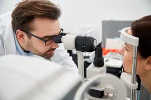 A man in a lab coat examining a woman's eye with a device
