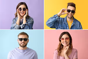 Four people wearing sunglasses posing for the camera in different colors