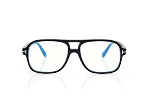 Black rectangular glasses with blue tips and clear lenses