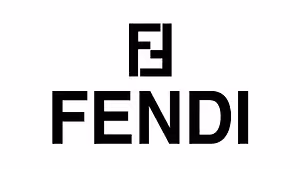 Fendi logo featuring a stylized E and Fendi in black on a white background