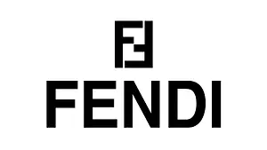 Fendi logo featuring a stylized E and Fendi in black on a white background