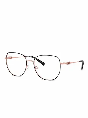 Rose gold eyeglass frames with black temple tips on a white background