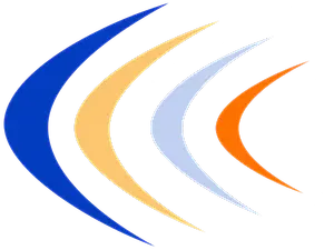 Abstract glowing blue, gold, white, and orange curved light shapes on a black background