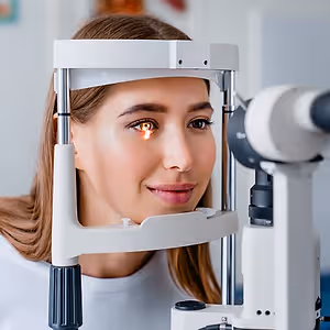 A woman with brown hair is looking through an ophthalmoscope, probably at an eye clinic