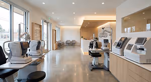 Eye exam room in a medical office with chairs and exam machines