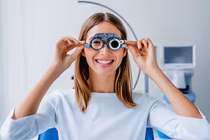 woman wearing magnifying glasses smiling in an optometrist's office