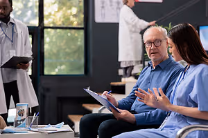 An older man wearing glasses talks to a woman in a blue scrub in a hospital office