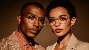 An adult man and woman wearing glasses and formal clothing are posing for a photo
