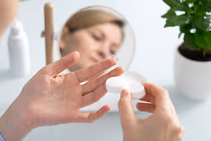 A woman is examining a contact lens in front of a mirror in a room with a potted plant and a small bottle of lotion.
