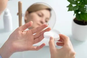 A woman is examining a contact lens in front of a mirror in a room with a potted plant and a small bottle of lotion.