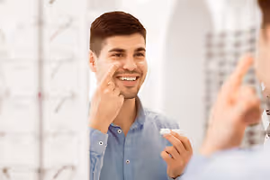 A man smiles and touches his face while holding a contact lens in his hand