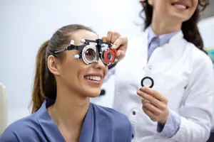 A woman wearing a blue uniform smiles while a female doctor in a white coat adjusts her eye exam glasses in a medical room