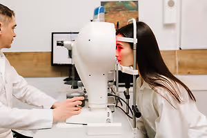 An adult male and female in white lab coats in a room with a computer and monitor, the female is getting her eyes checked with an eye exam machine