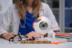A woman doctor in a white coat sits at a table with a model eye, glasses, and books. The word keratoconus is written on a cube in front of the eye.