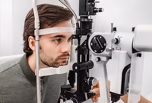 Man looking into an eye exam machine while wearing a white headband