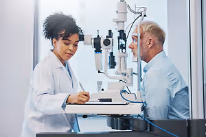 A woman in a lab coat examines an older man's eyes with a medical instrument in a clinic.