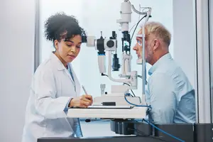 A woman in a lab coat examines an older man's eyes with a medical instrument in a clinic.