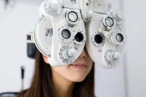 A woman is looking through an eye examination machine with dials and lenses