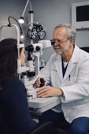 An old male doctor is examining a young girl's eyes using an ophthalmoscope