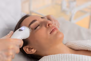 A woman is lying on a bed with her eyes closed and her face is being treated with a white device.