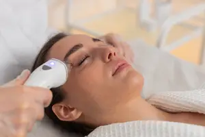 A woman is lying on a bed with her eyes closed and her face is being treated with a white device.